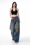 Off Beat Distressed Blue Baggy Jeans