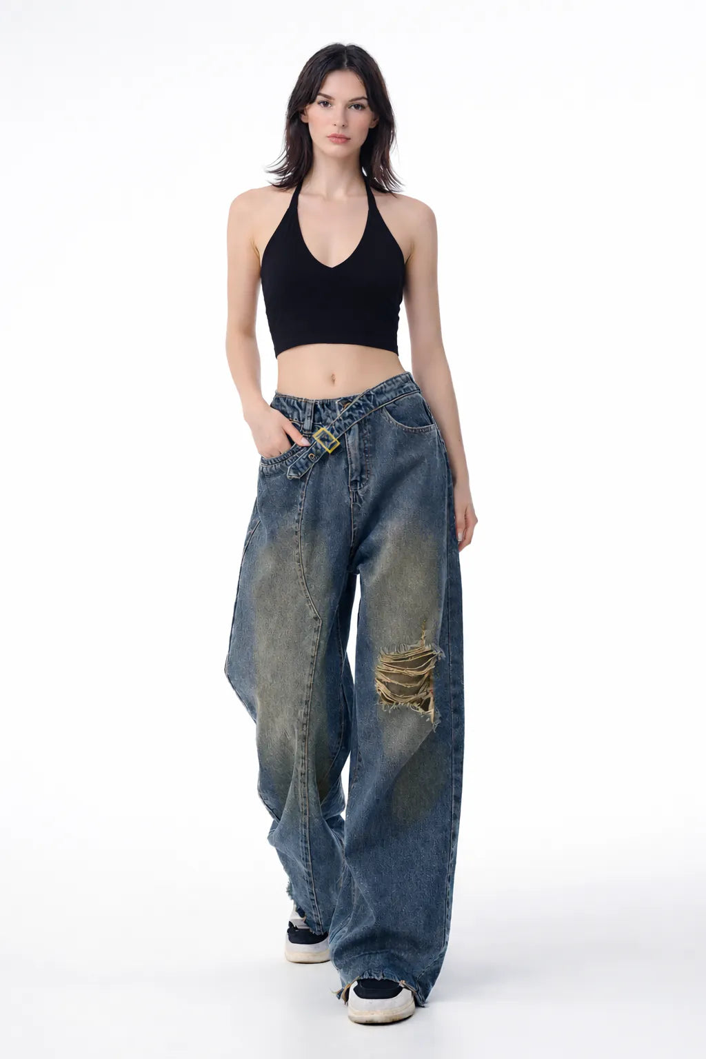 Off Beat Distressed Blue Baggy Jeans